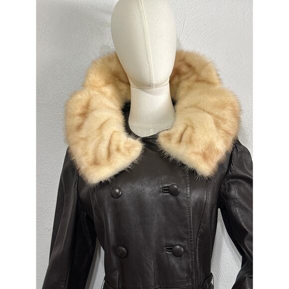 VTG Stunning 70s Leather Fur Funnel High Neck Trench Penny Lane Coat M Brown - Picture 8 of 16